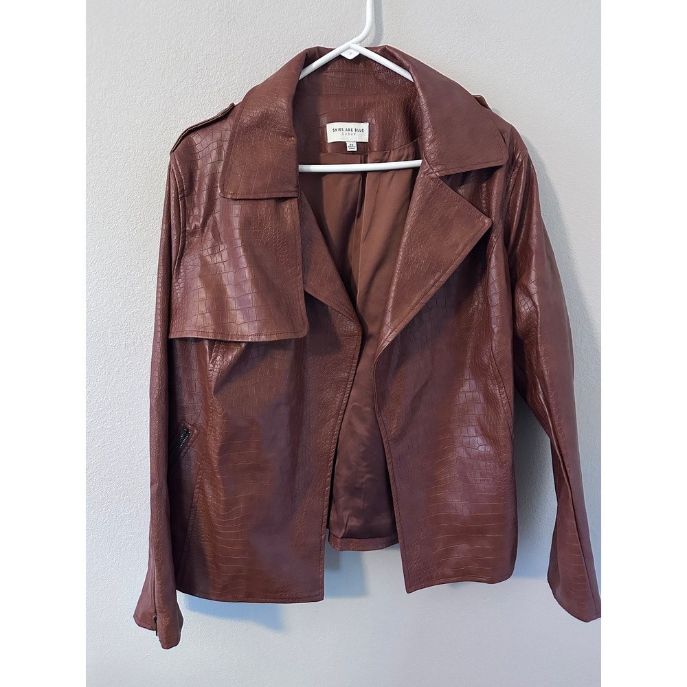 Skies Are Blue Jacket 2X Brown Excellent Croc Embossed Faux Leather Moto cool